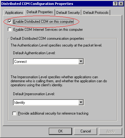 Disable DCOM on the Default Properties tab