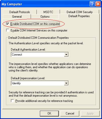 Disable DCOM on the Default Properties tab